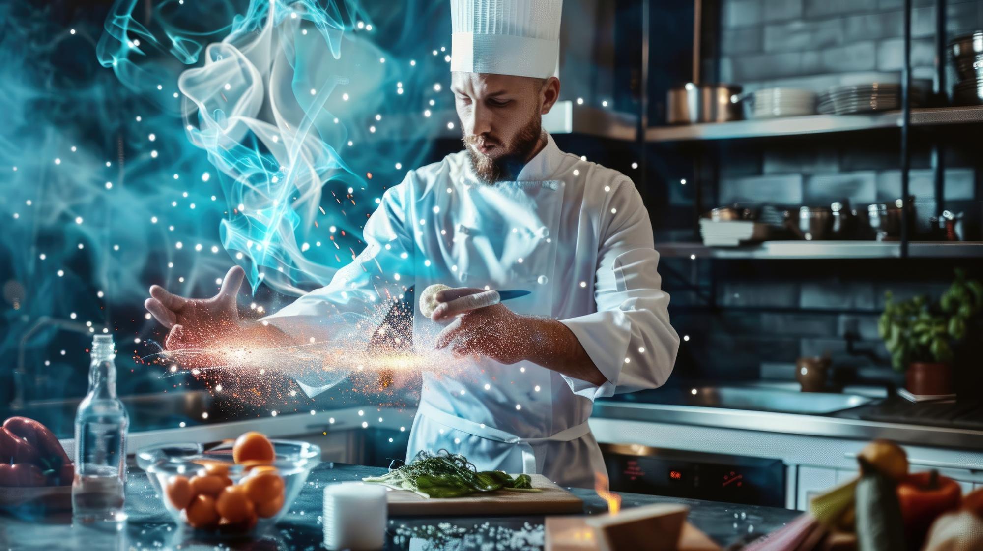 Chef che prepara un piatto moderno sotto luci futuristiche